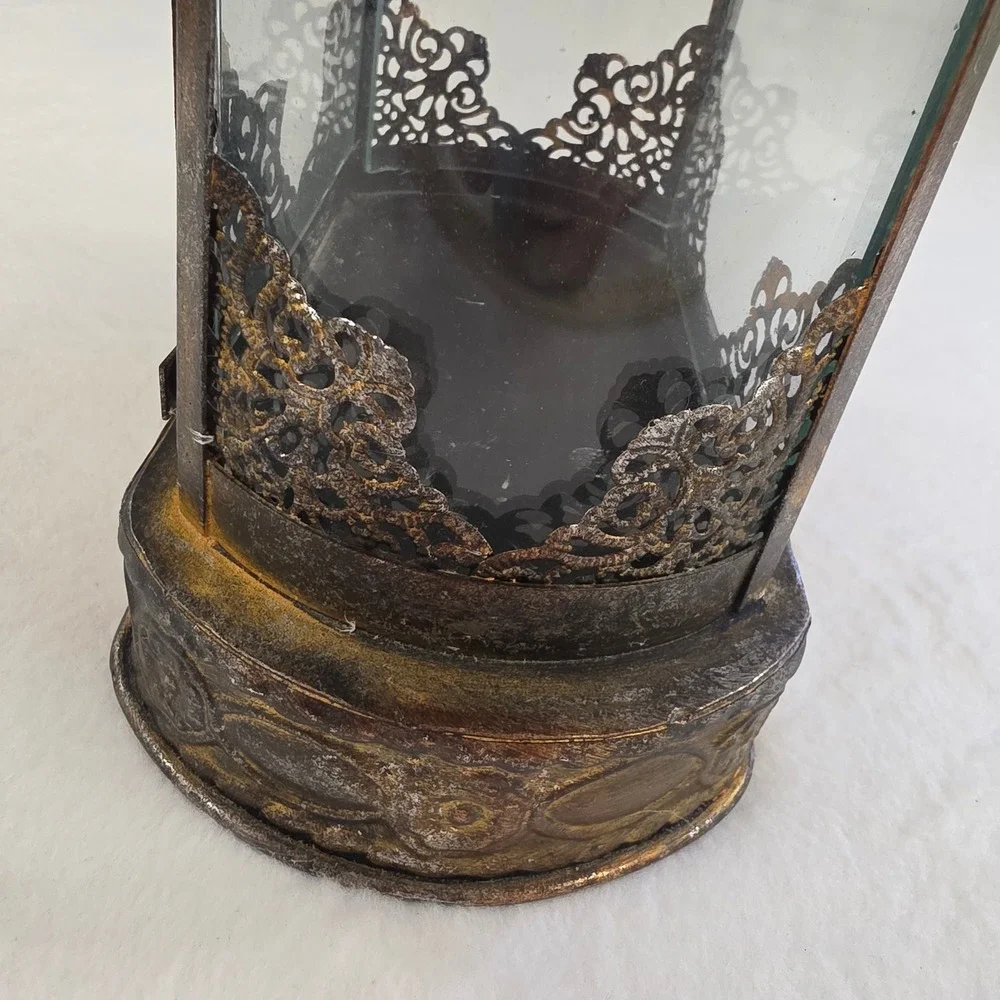 Vintage Ornate Metal Glass Candle Lantern Distressed Bronze Gold Filigree Decor